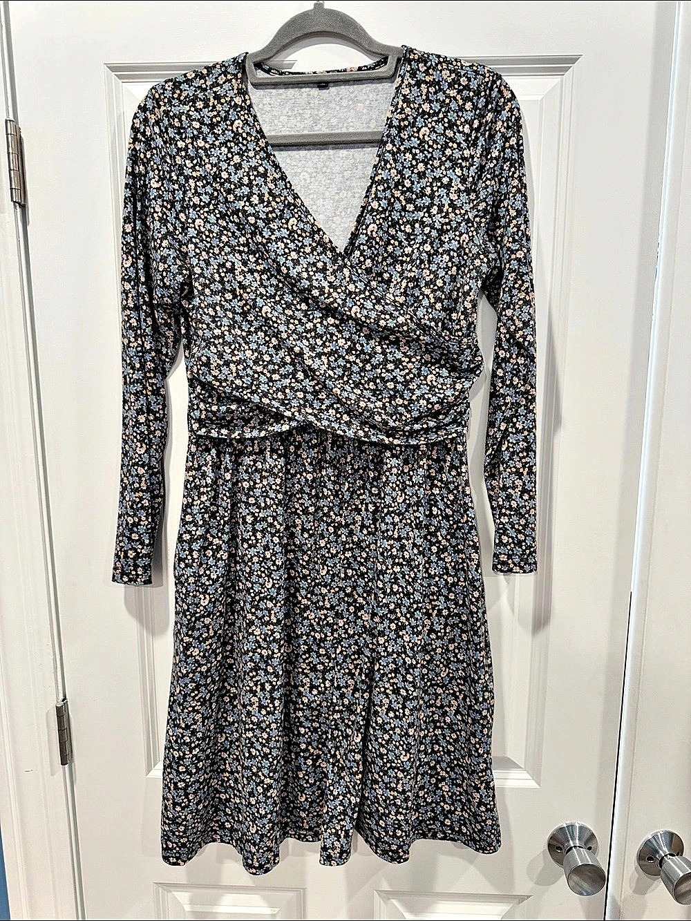 Crossover V-Neckline Long Sleeve Maternity Nursing Dress Floral